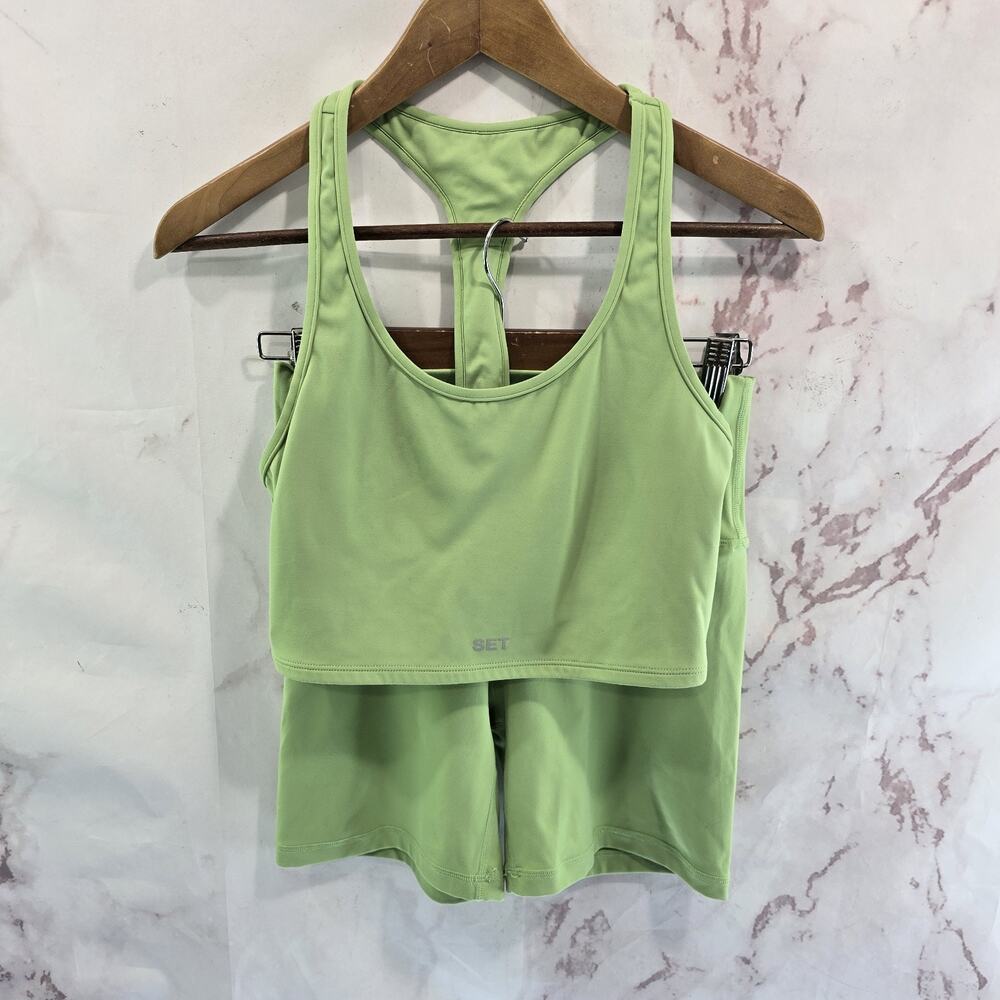 Set Active Bra Shorts Womens Medium Green Bike High Rise Active Matching Set - Picture 1 of 9